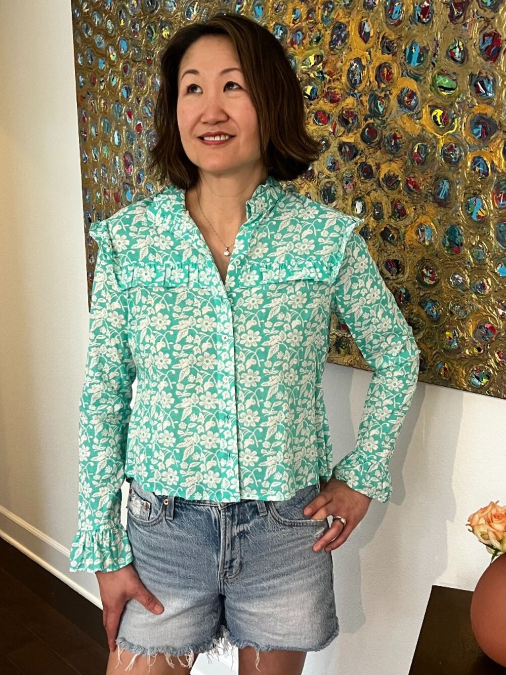 The Shirt Rochelle Behrens  Aqua The Elizabeth Floral Shirt